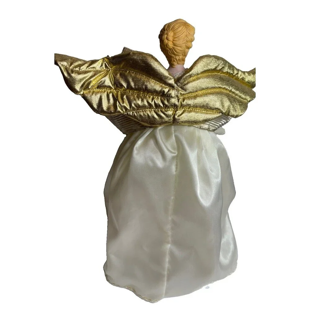 Vintage Porcelain Christmas Tree Topper Angel Gold Wings Harp 16” Ivory Decor